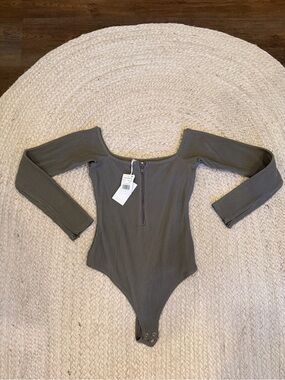 Good American Olive Ribbed Long-Sleeve Zippered One-Piece Bodysuit